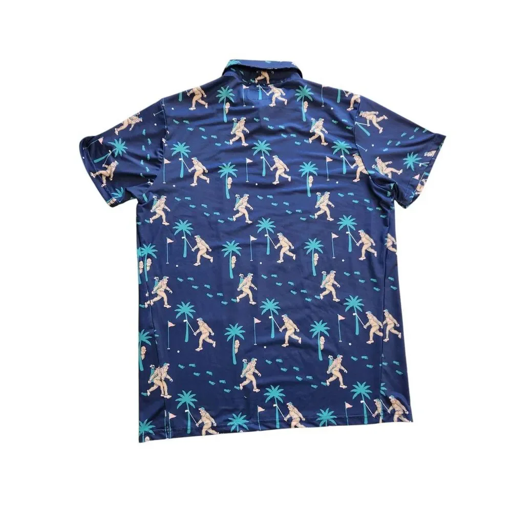 Tipsy Elves Sasquatch Bigfoot Golf Shirt Performance Large Blue Palm Tree - Picture 6 of 7